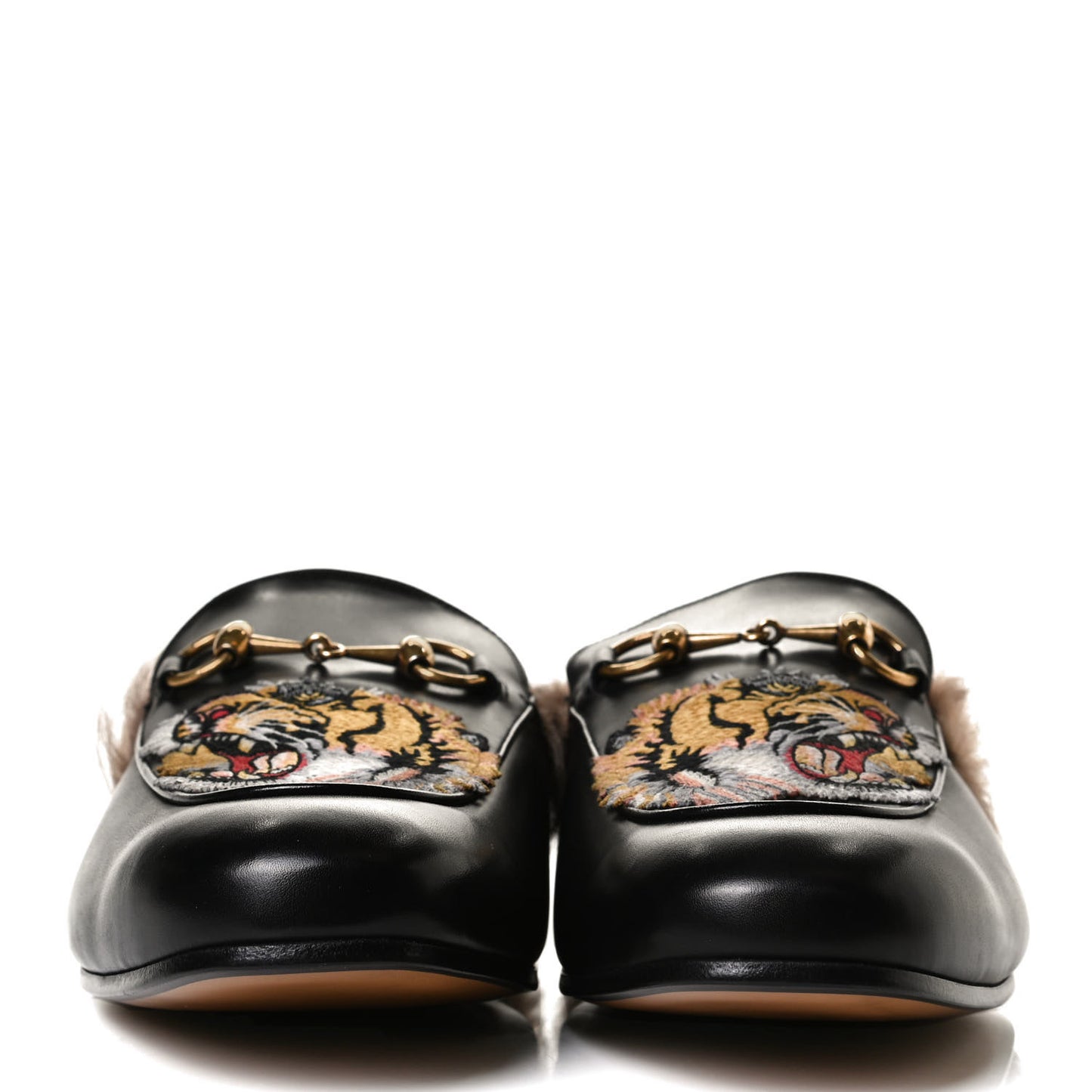 Calfskin Fur Tiger Embroidered Mens Princetown Slippers 9.5 Black