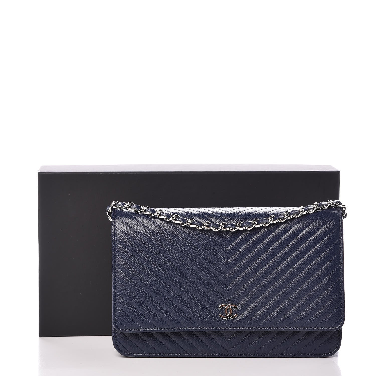 Chanel Caviar Chevron Quilted Wallet On Chain WOC Navy 12 of 12