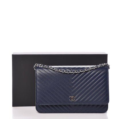 Chanel Caviar Chevron Quilted Wallet On Chain WOC Navy 12 of 12