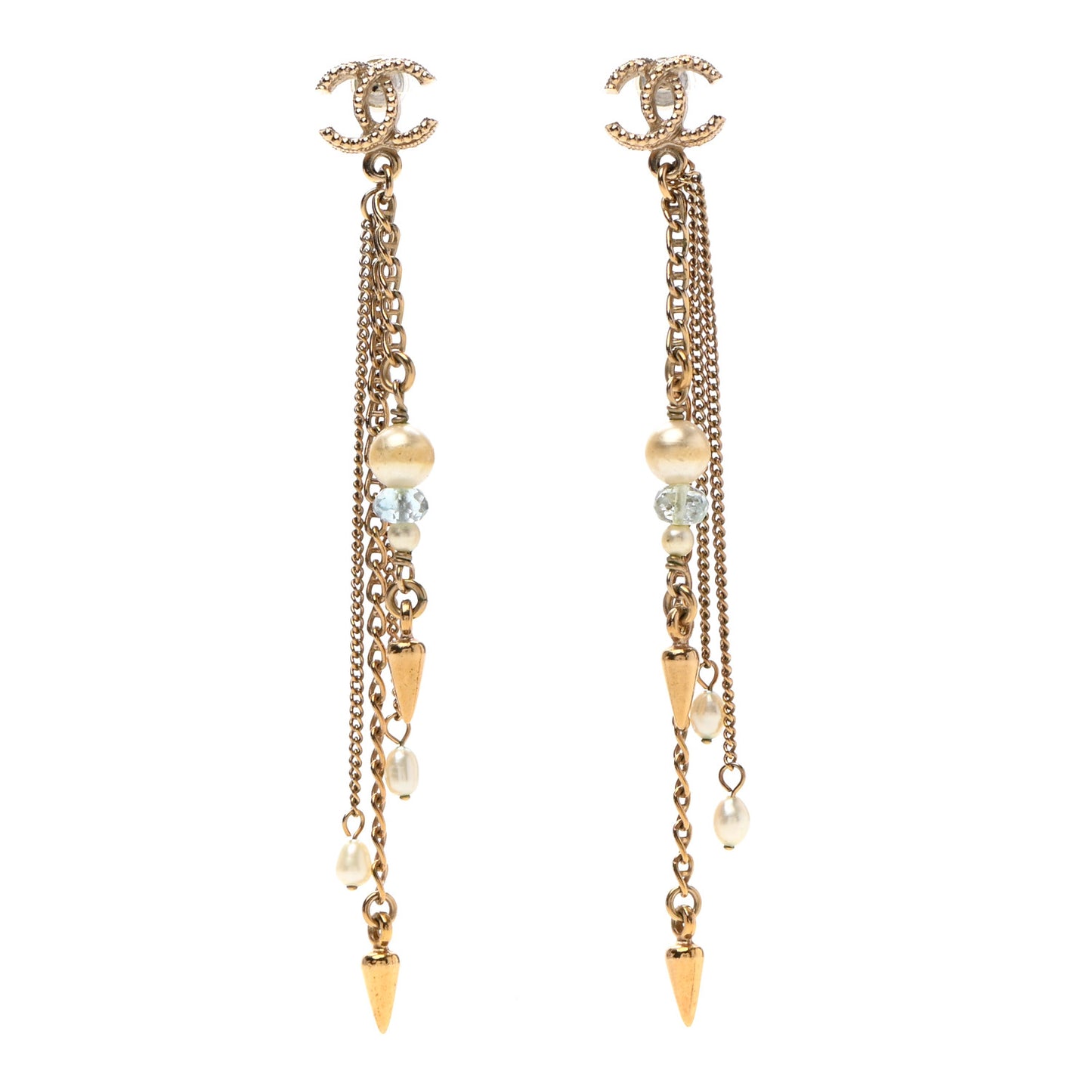 Glass Pearl CC Long Drop Earrings Gold