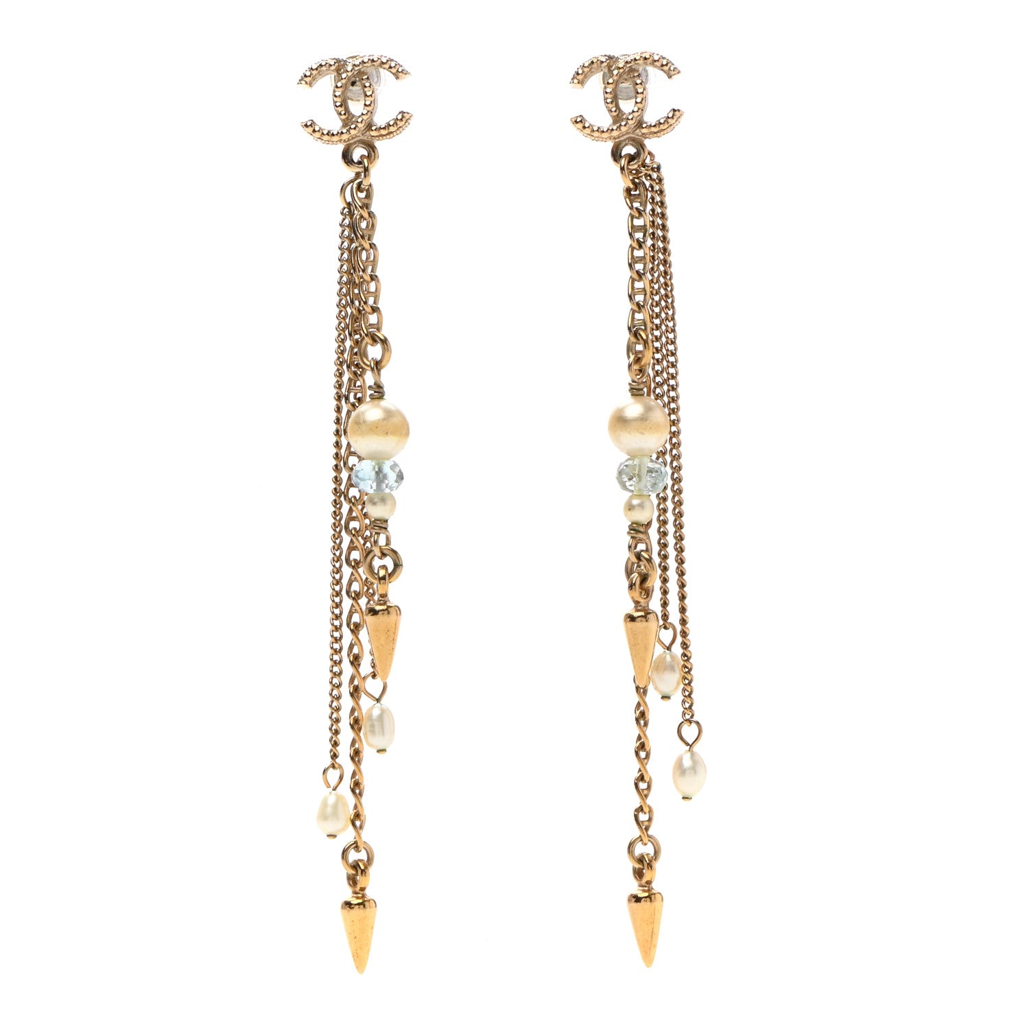 Chanel Glass Pearl CC Long Drop Earrings Gold 1 of 4