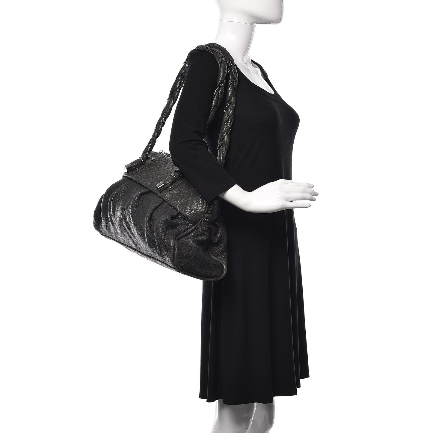 Distressed Lambskin Large Lady Braid Satchel Dark Grey