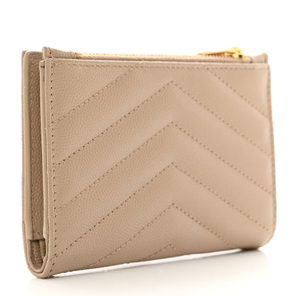 Saint Laurent Grain De Poudre Matelasse Chevron Cassandre Fragments Zipperred Bi-Fold Wallet Dark Beige 3 of 7