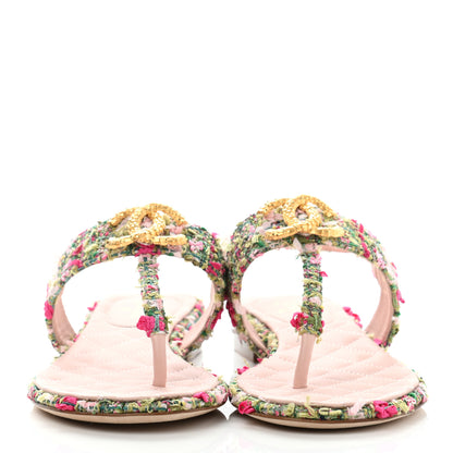 Chanel Tweed CC Logo Thong Sandals 37.5 Green Pink White 2 of 9