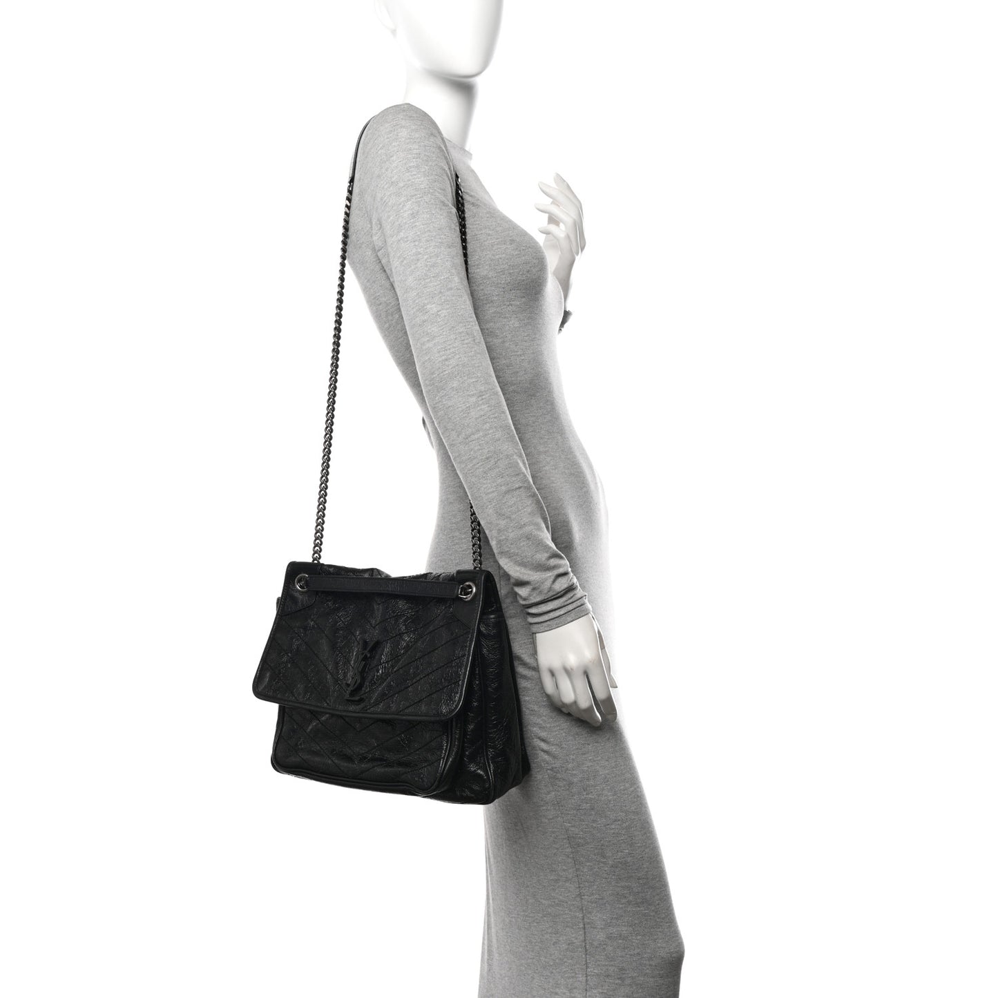 Crinkled Calfskin Matelasse Monogram Large Niki Chain Satchel Black
