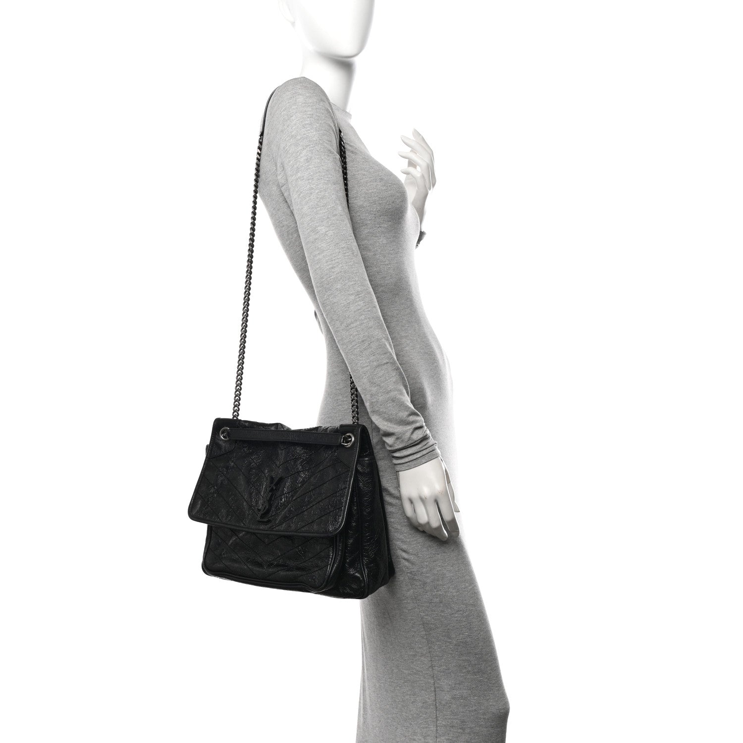Saint Laurent Crinkled Calfskin Matelasse Monogram Large Niki Chain Satchel Black 2 of 13