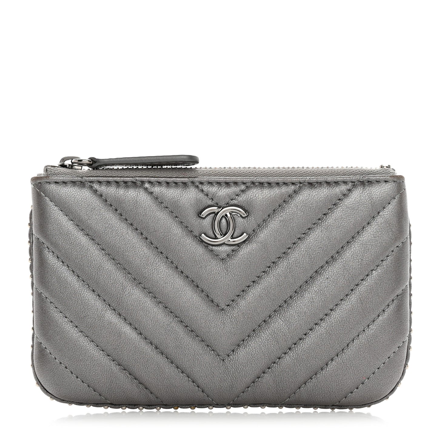 Crumpled Calfskin Chevron Quilted Studded Small Cosmetic Case Grey