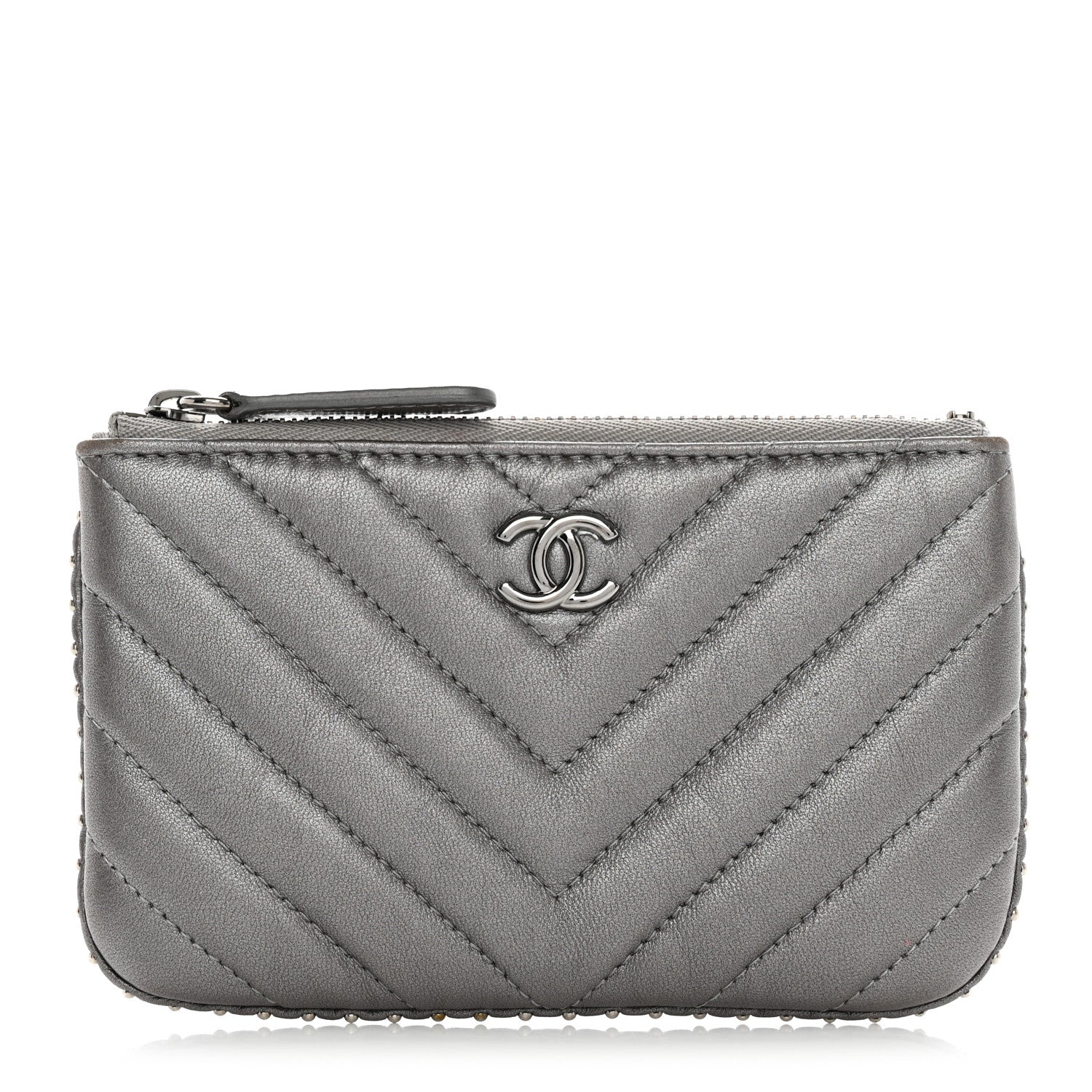 Chanel Crumpled Calfskin Chevron Quilted Studded Small Cosmetic Case Grey 1 of 7