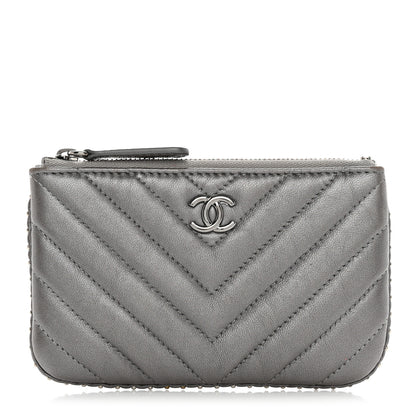Chanel Crumpled Calfskin Chevron Quilted Studded Small Cosmetic Case Grey 1 of 7