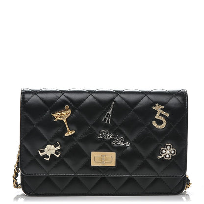 Chanel Aged Calfskin Quilted Lucky Charms 2.55 Reissue Wallet On Chain WOC Black 1 of 8