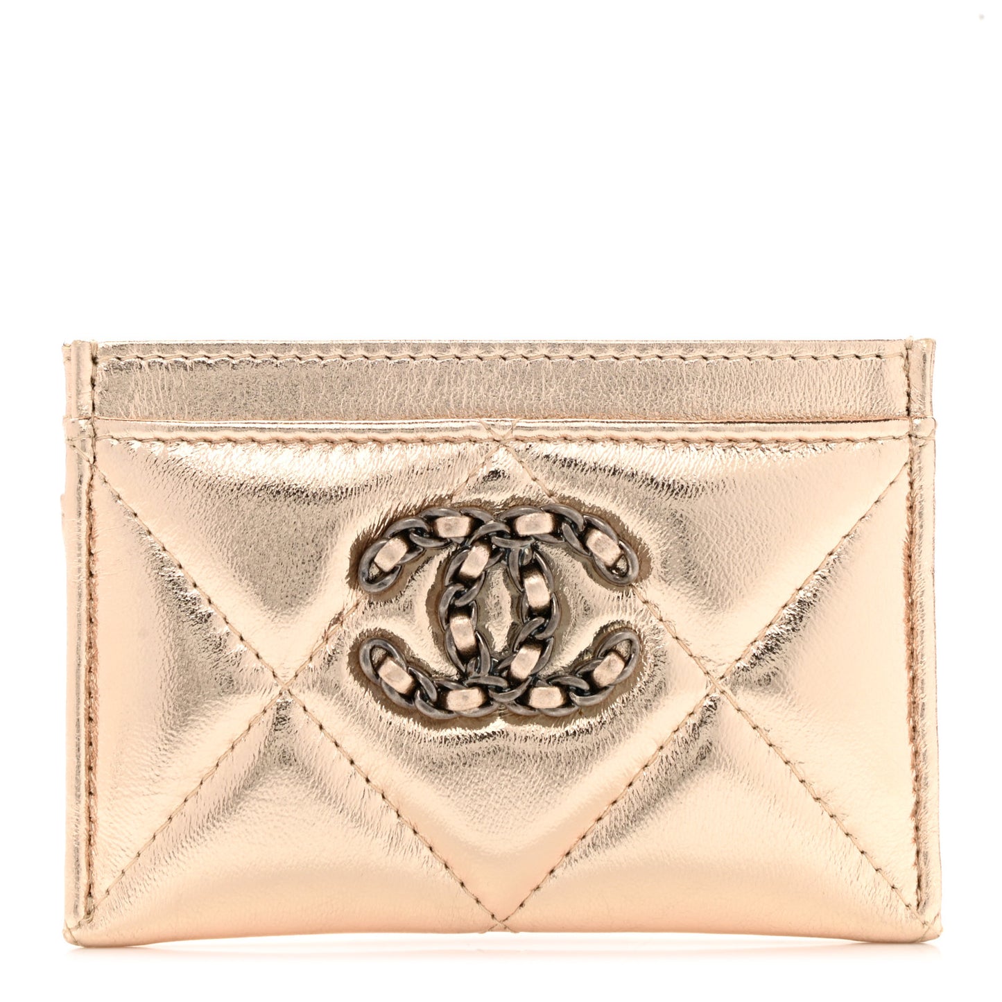 Metallic Lambskin Quilted Chanel 19 Card Holder Gold