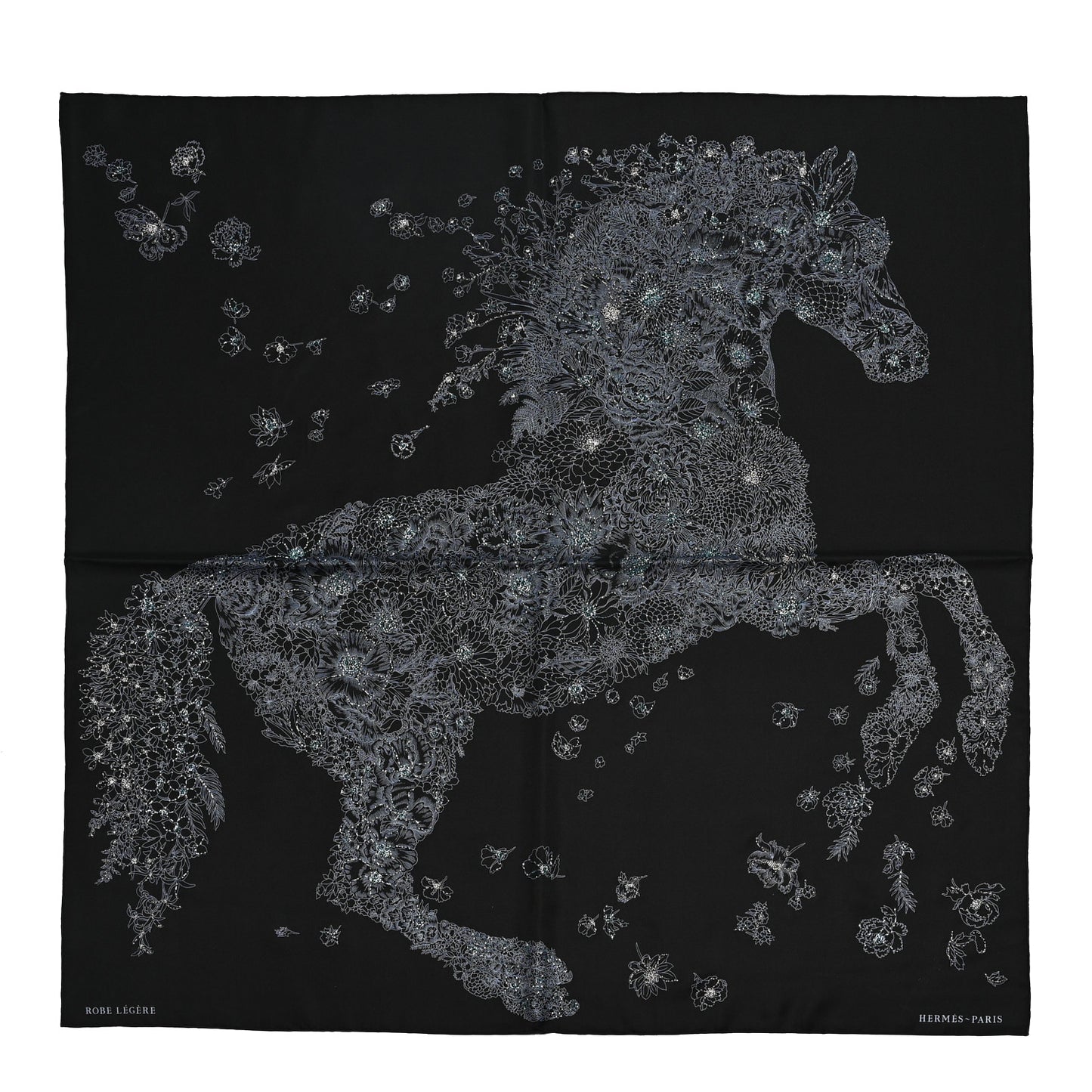 Silk Embroidered Robe Legere Scarf 90 Black Bleu