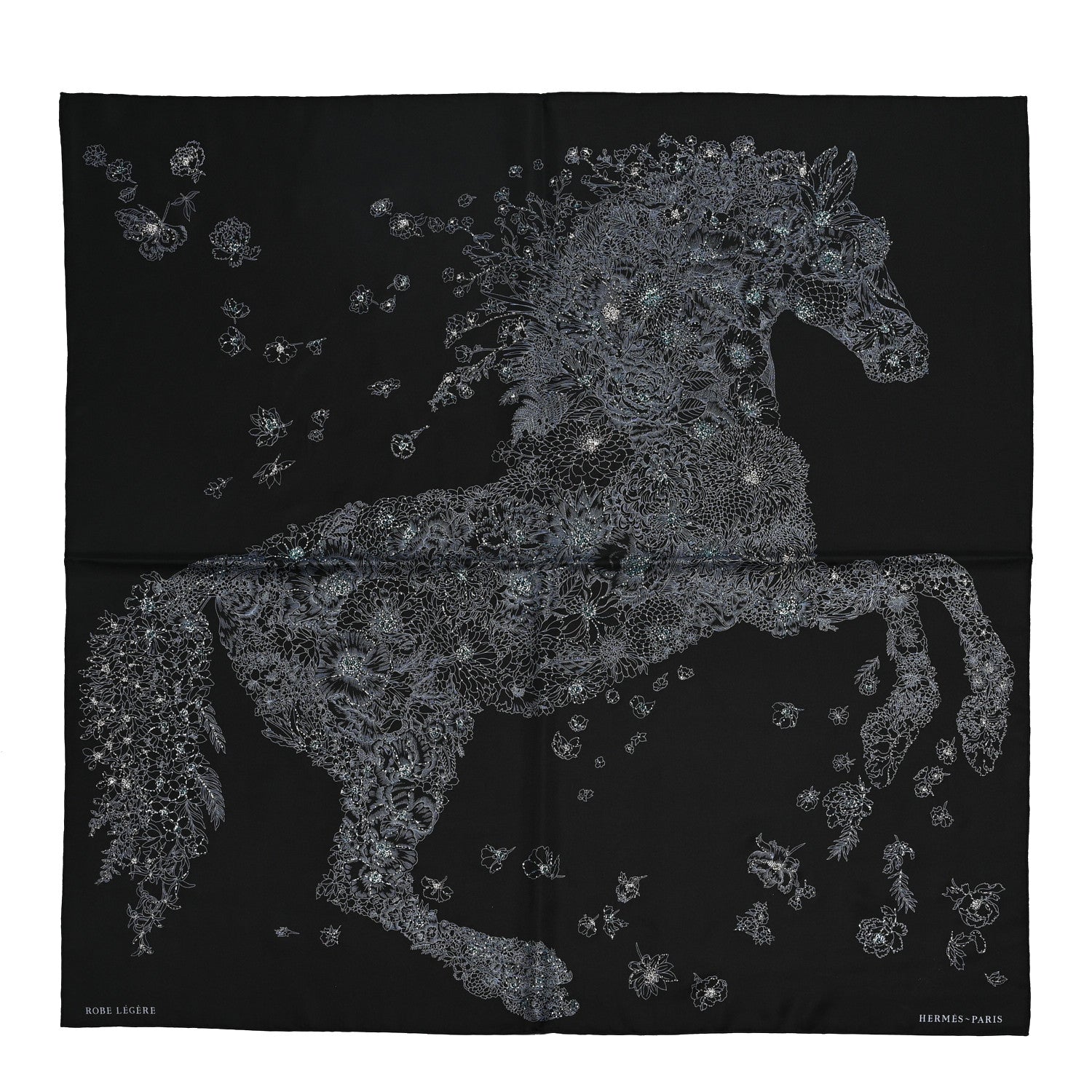 Hermes Silk Embroidered Robe Legere Scarf 90 Black Bleu 1 of 5