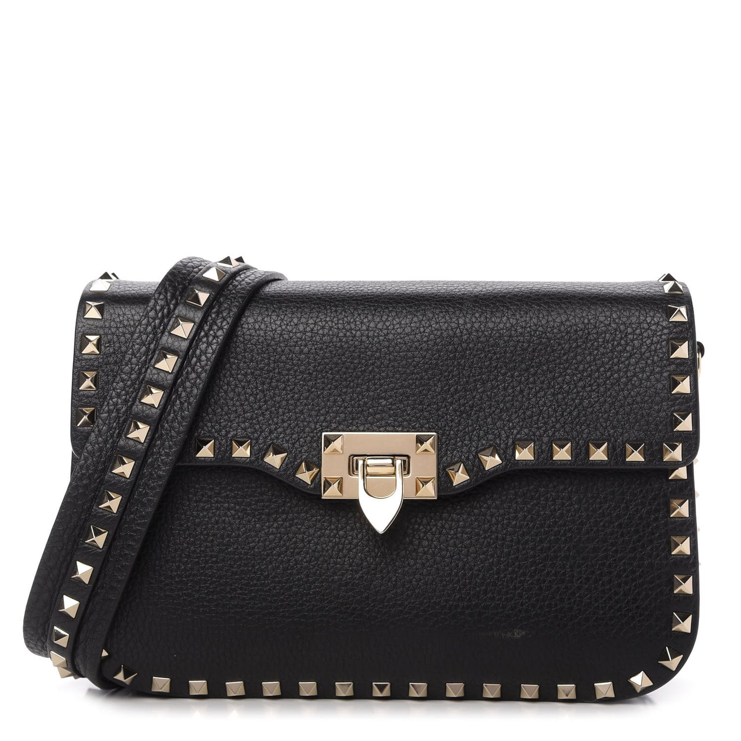 Pebbled Calfskin Rockstud Flap Saddle Bag Black