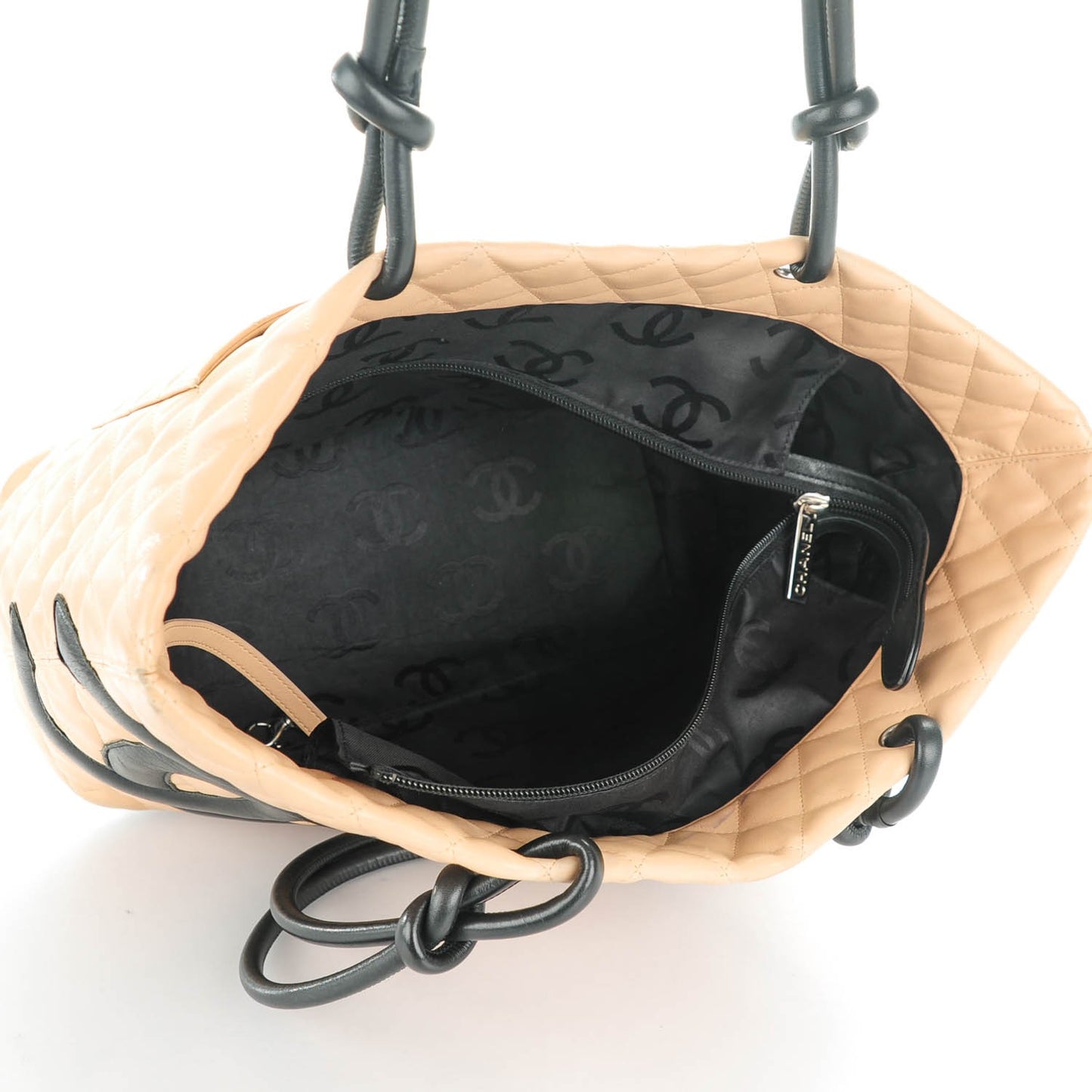 Calfskin Quilted Large Cambon Tote Beige Black