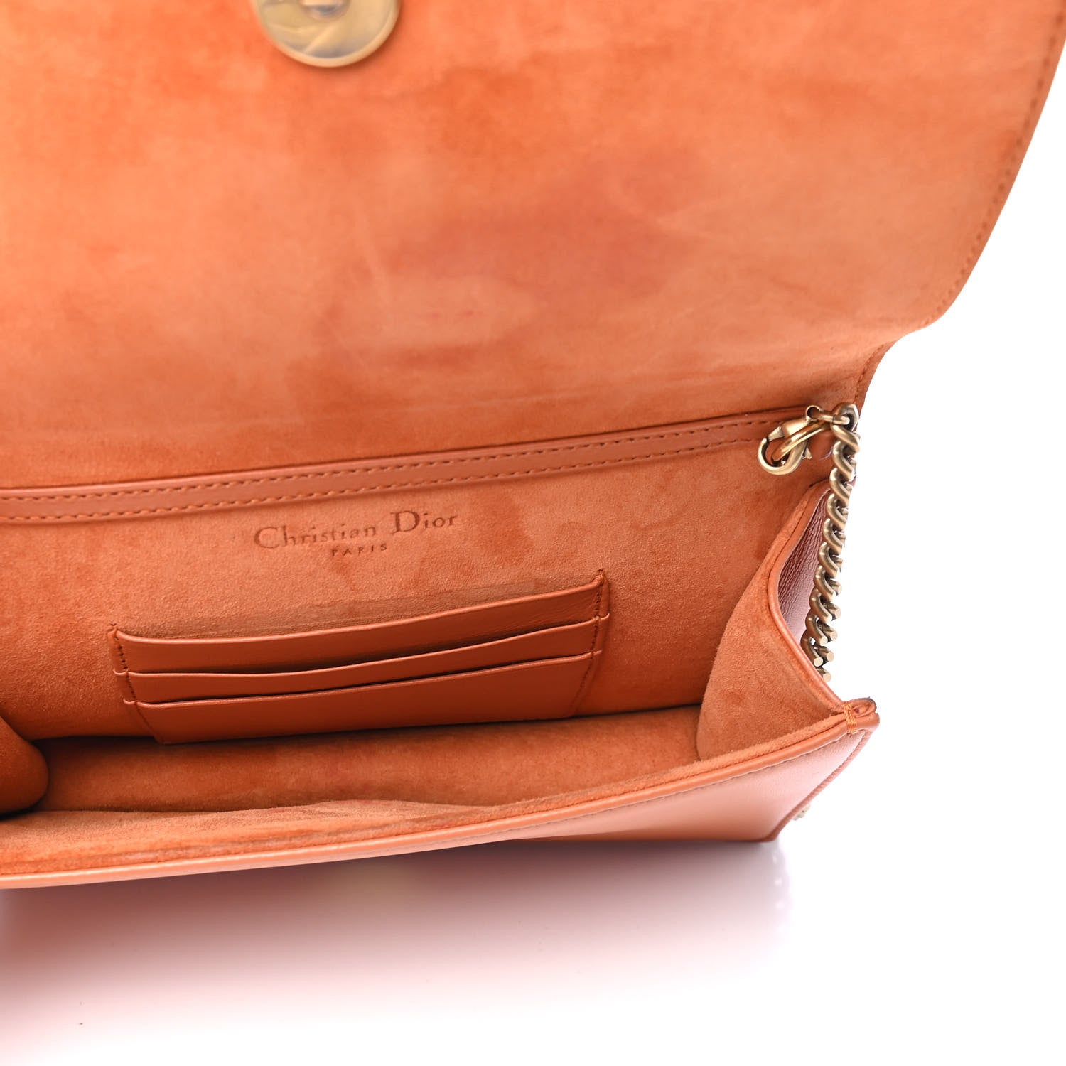 Christian Dior Calfskin Studded Diorama Top Handle Wallet on Chain Pouch Orange 4 of 5