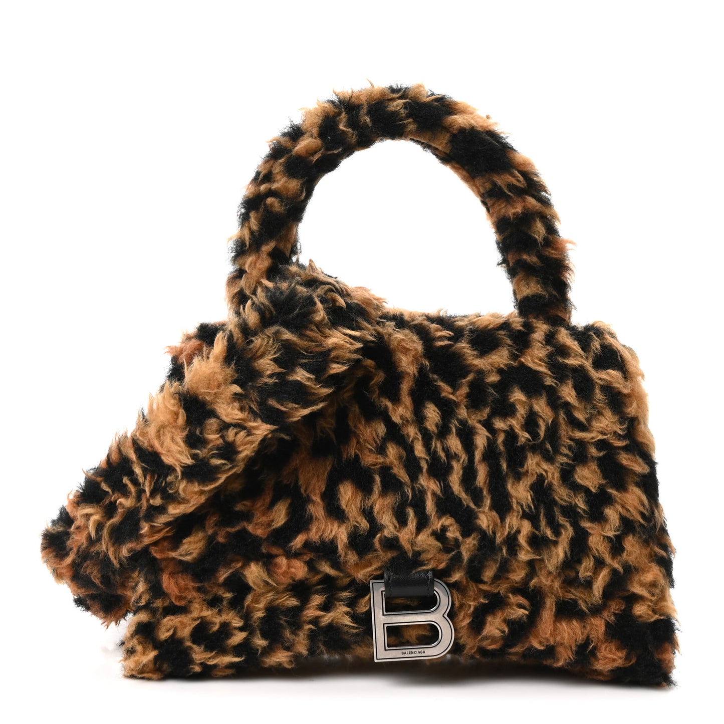 Fleece Leopard Print Small Hourglass Top Handle Bag Brown