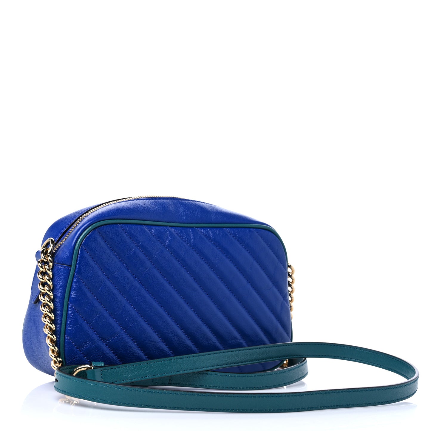 Azalea Calfskin Enamel Matelasse Diagonal Small Torchon GG Marmont Chain Shoulder Bag Imperial Blue Pavone