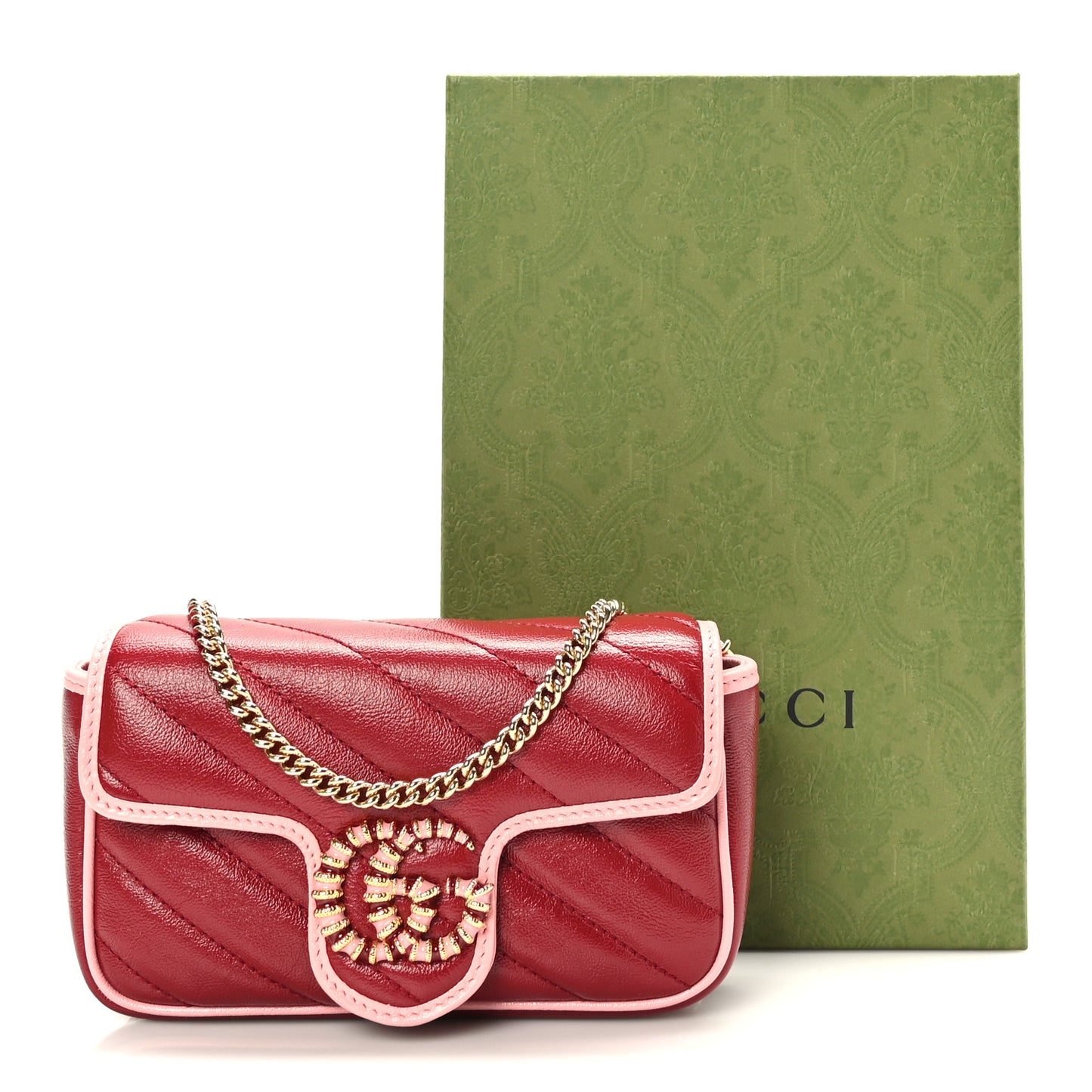 Azalea Calfskin Enamel Matelasse Diagonal Super Mini Torchon GG Marmont Shoulder Bag New Cherry Red Wild Rose