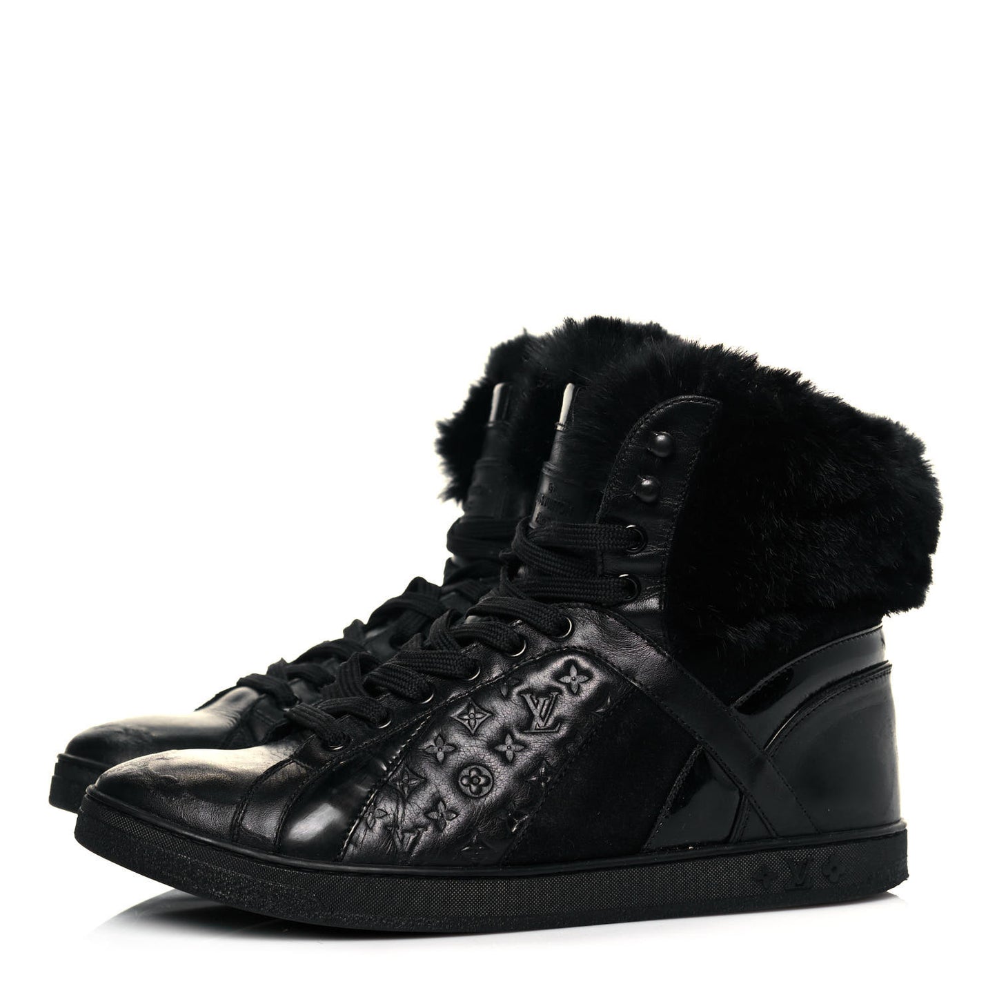 Calfskin Fur Monogram Medley High Top Sneakers 36 Black