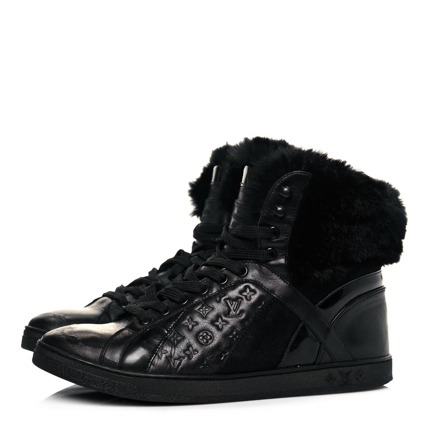 Louis Vuitton Calfskin Fur Monogram Medley High Top Sneakers 36 Black 3 of 9