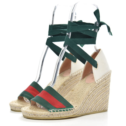 Gucci Canvas Malaga Kid Web Ankle Wrap Espadrille Wedge Sandals 38.5 Green Red Mystic White Emerald 3 of 9