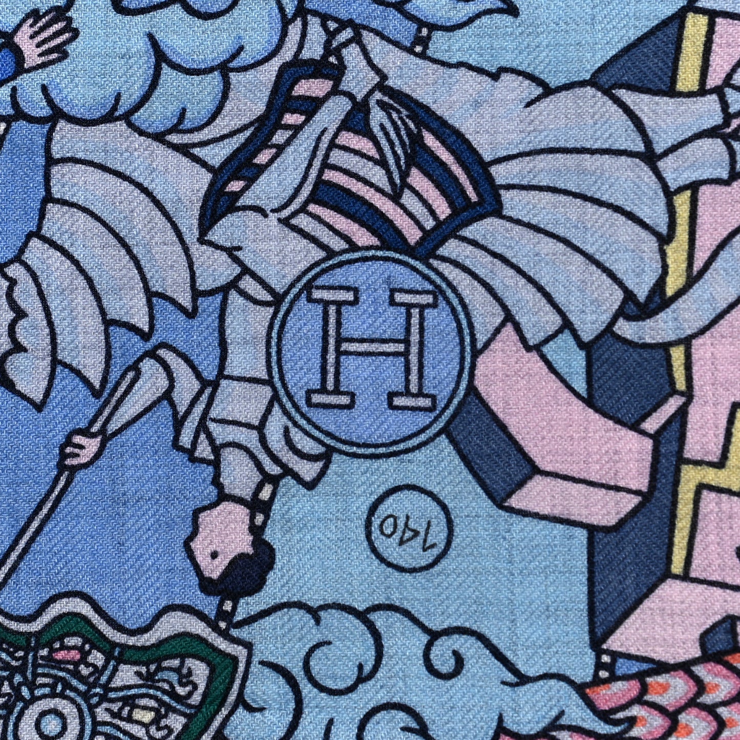 Cashmere Silk L'Epopee D'Hermes Shawl 140 Bleu Ciel Rose Pale Jaune