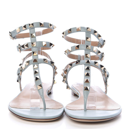 Valentino Garavani Calfskin Rockstud Ankle Wrap Flat Thong Sandals 36.5 Celadon 2 of 8