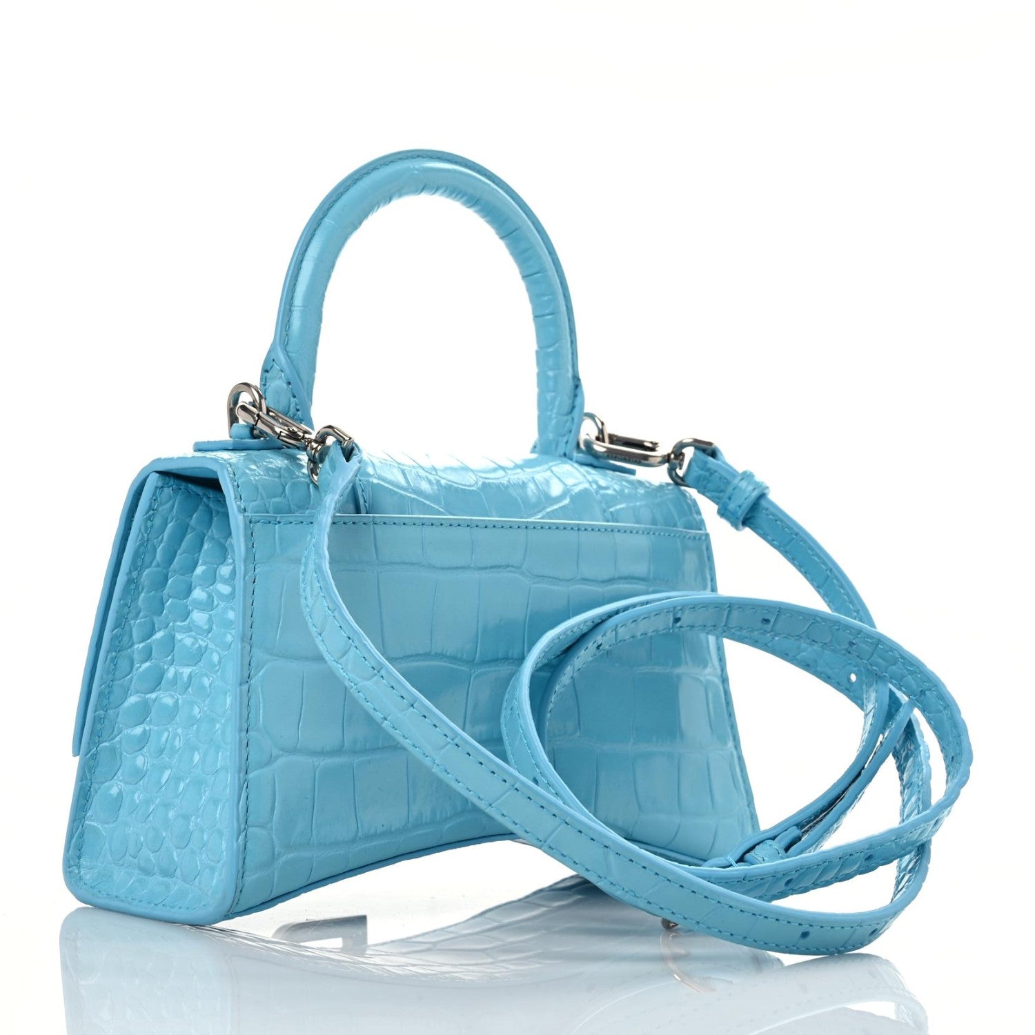 Balenciaga Shiny Calfskin Crocodile Embossed Hourglass Top Handle Bag XS Azur 3 of 13