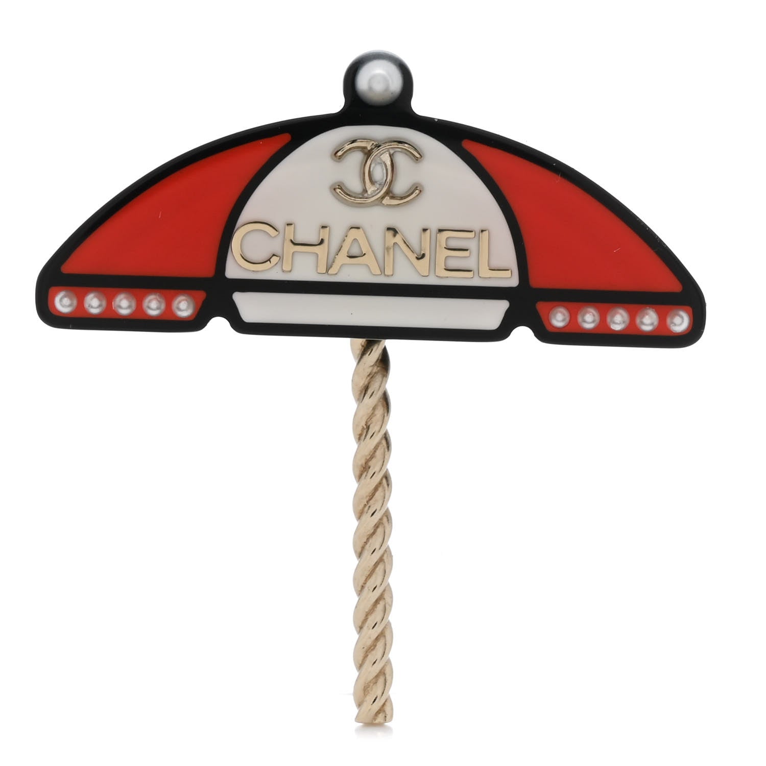 Chanel Resin Pearl Umbrella Brooch Gold Red White 1 of 4