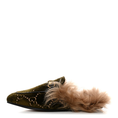 Gucci Velvet GG Monogram Fur Womens Princetown Slippers 37.5 Khaki 1 of 7