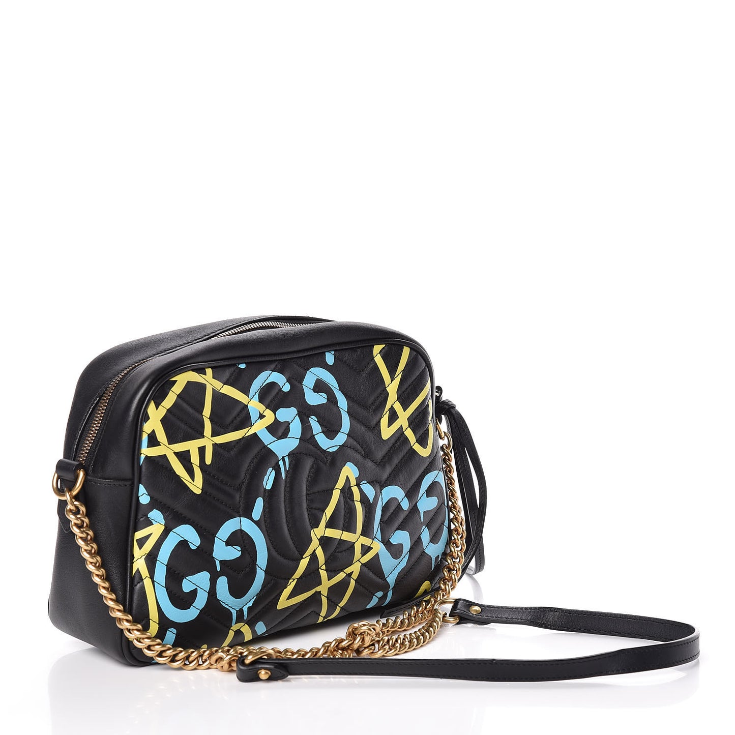Calfskin Matelasse GucciGhost Medium GG Marmont Chain Shoulder Bag Black New Acquamarine