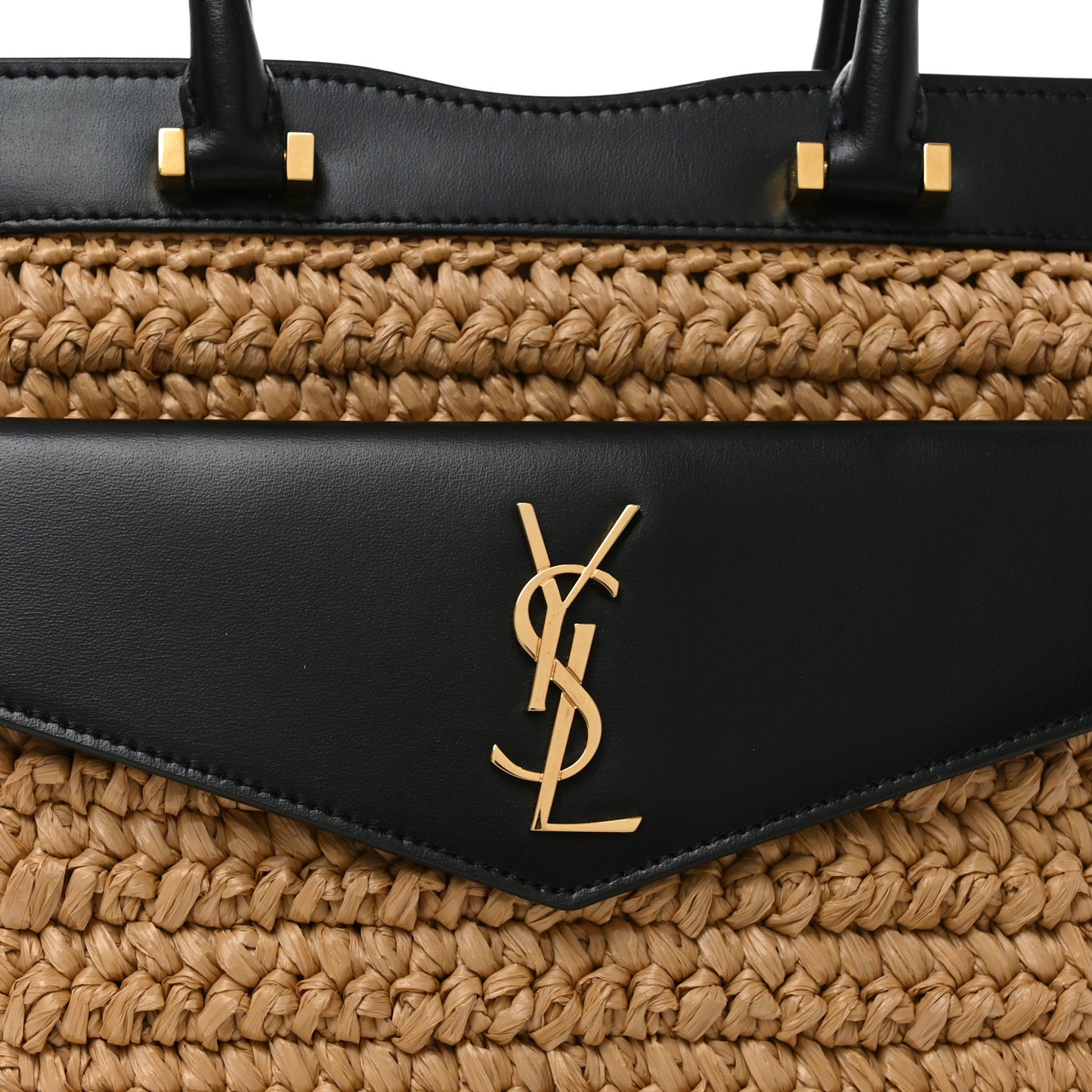 Raffia Calfskin Small Uptown Tote Black Natural