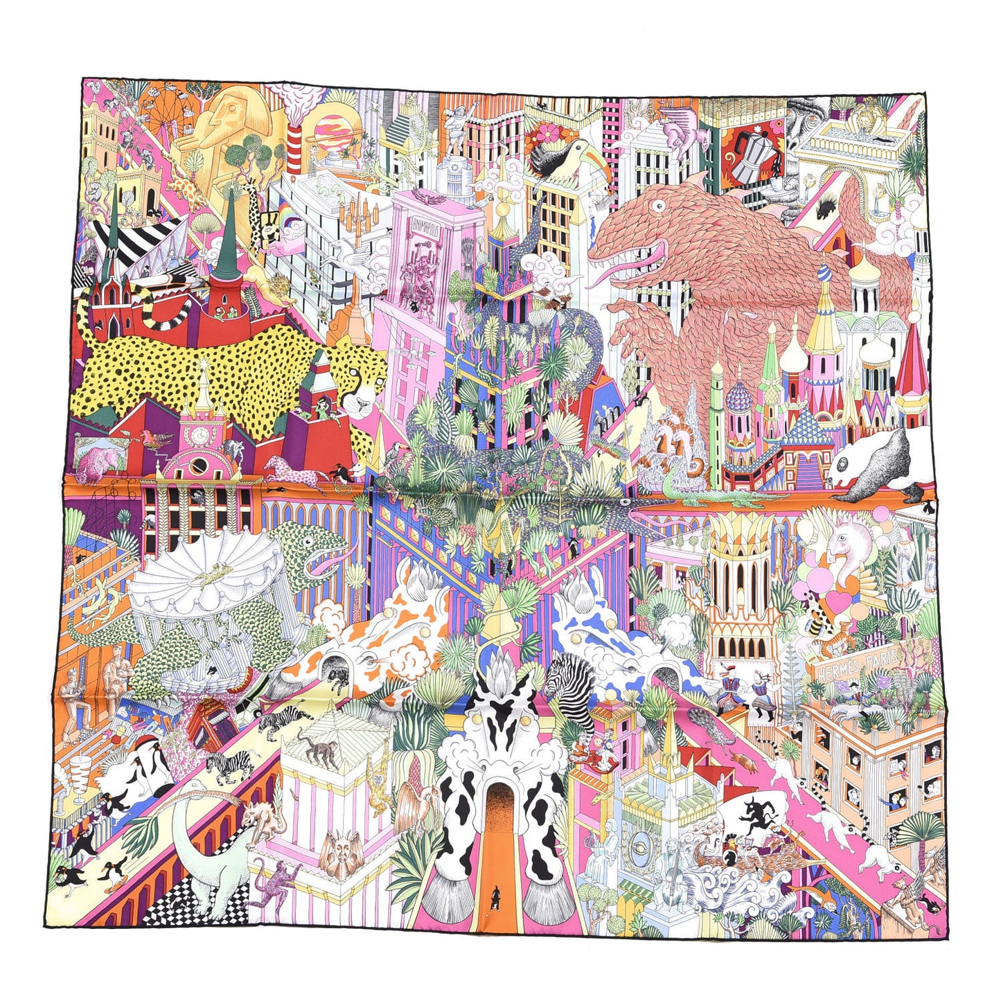 Silk Animapolis Scarf 90 Jaune Vif Vert Rose