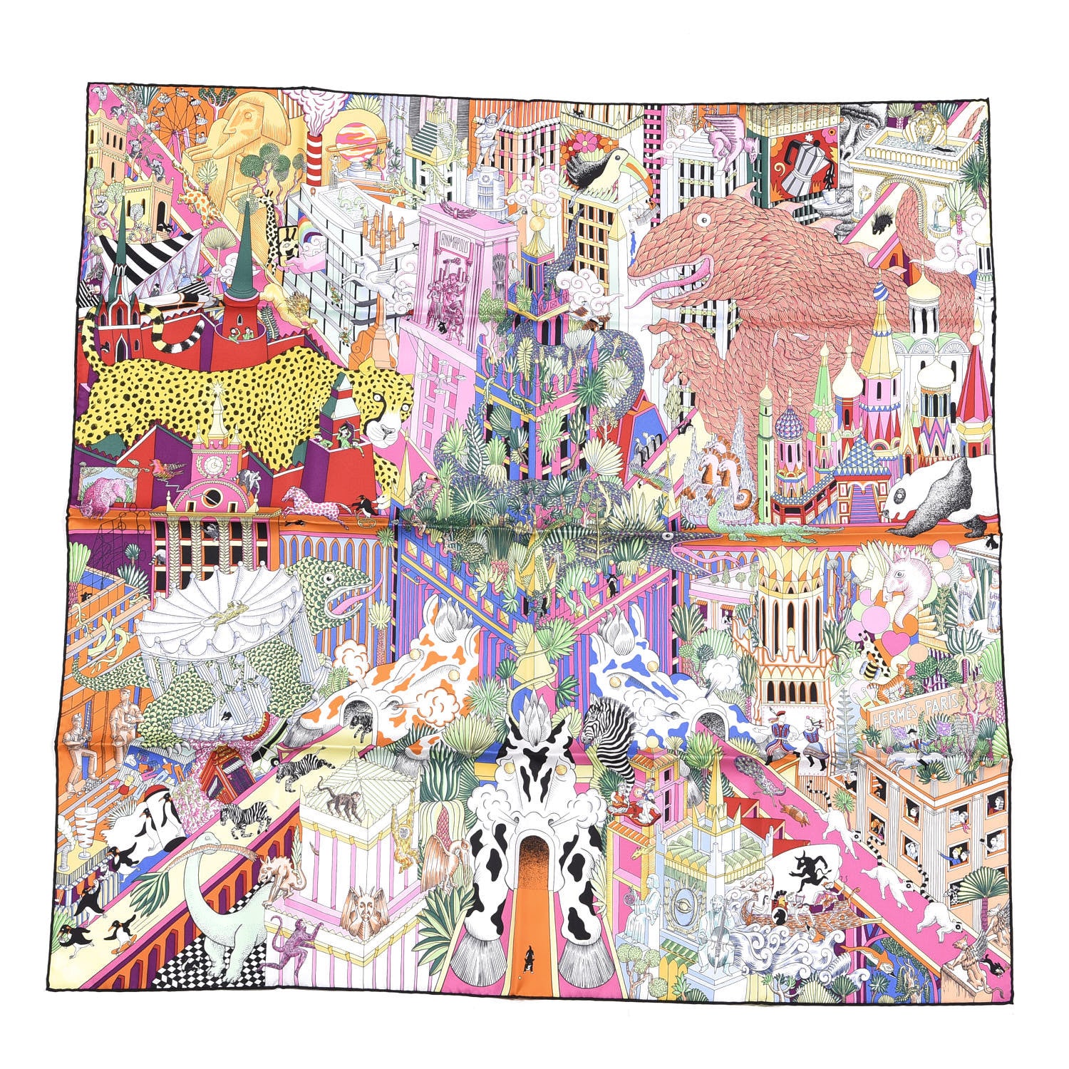 Hermes Silk Animapolis Scarf 90 Jaune Vif Vert Rose 1 of 3