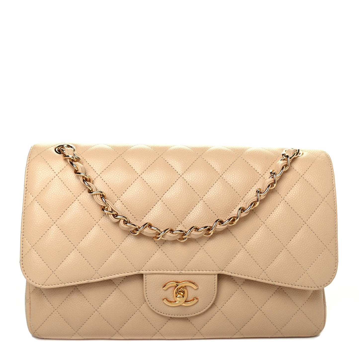 Caviar Quilted Jumbo Double Flap Beige Clair