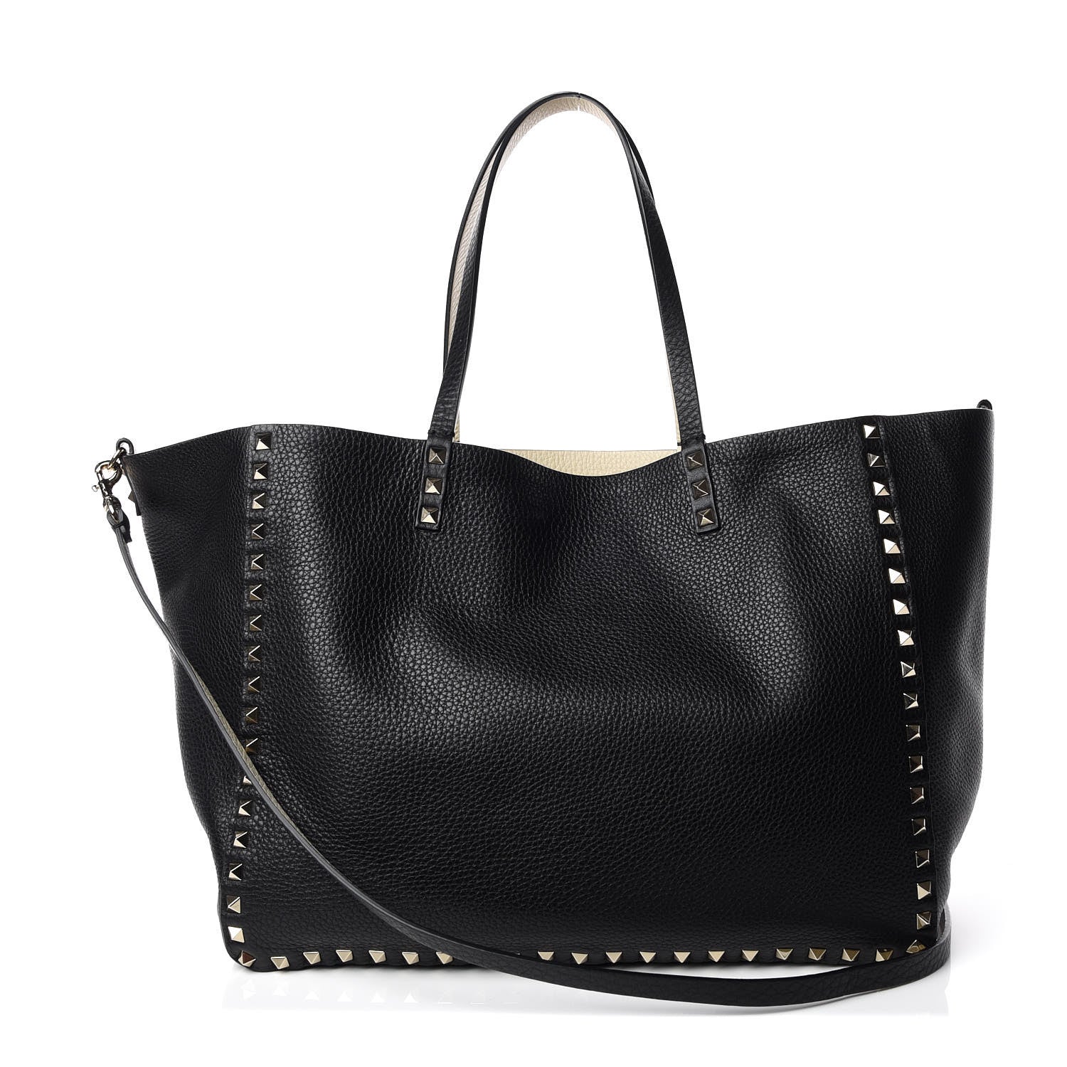 Valentino Garavani Grained Calfskin Medium Rockstud Reversible Tote Black Ivory 1 of 14