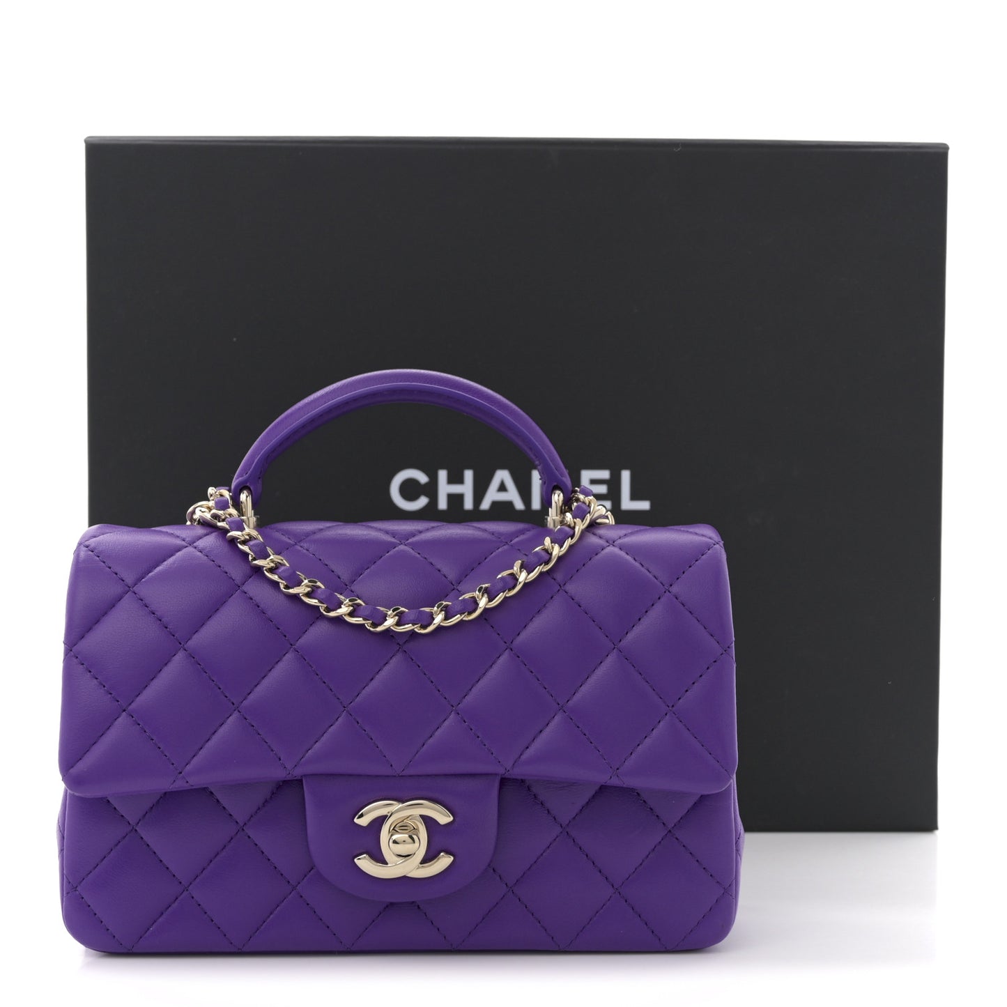 Lambskin Quilted Mini Top Handle Rectangular Flap Dark Purple