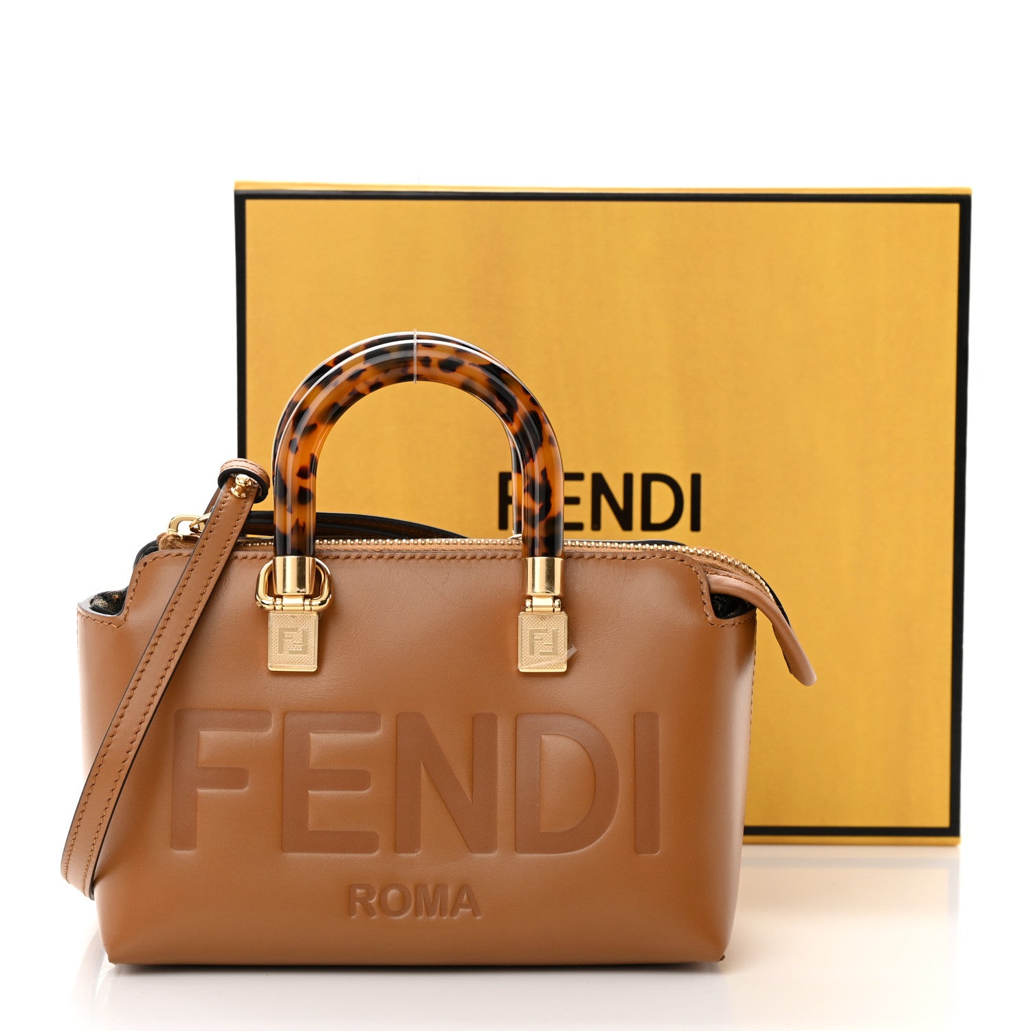 Fendi Vitello King Plexiglass Logo Embossed Mini By The Way Top Handle Boston Bag Caramello 14 of 14