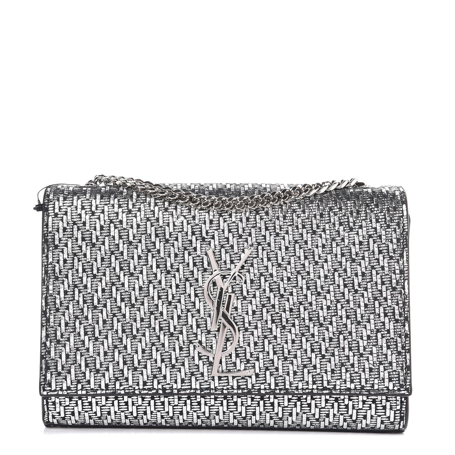 Metallic Calfskin Chevron Small Monogram Kate Satchel Black Argento