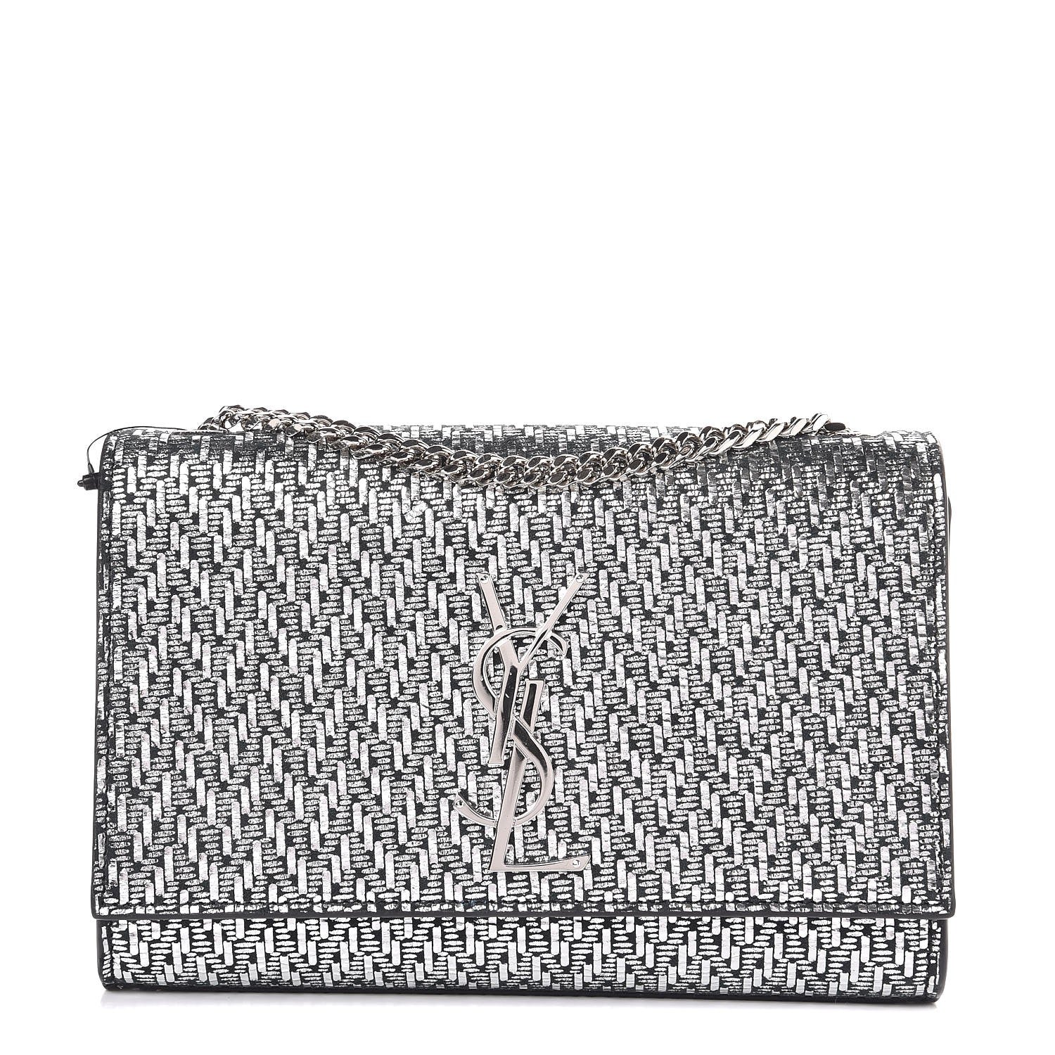Saint Laurent Metallic Calfskin Chevron Small Monogram Kate Satchel Black Argento 1 of 7