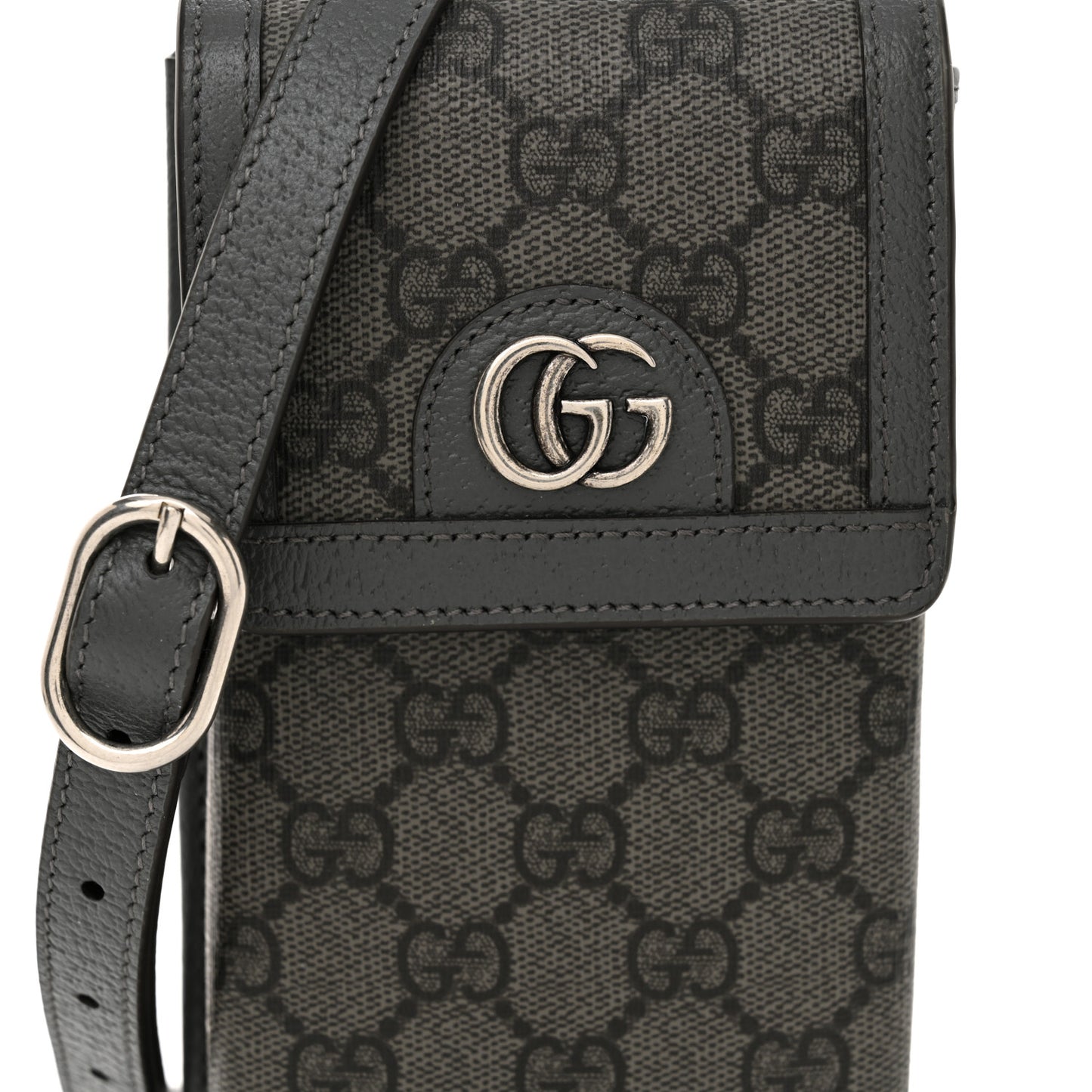 GG Supreme Monogram Textured Dollar Calfskin Phone Crossbody Bag Grey Black Graphite Grey