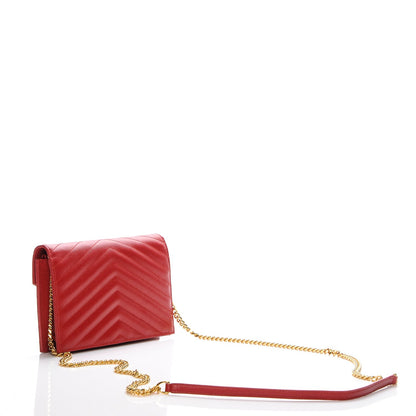 Saint Laurent Grain De Poudre Matelasse Chevron Monogram Envelope Chain Wallet New Red 3 of 6