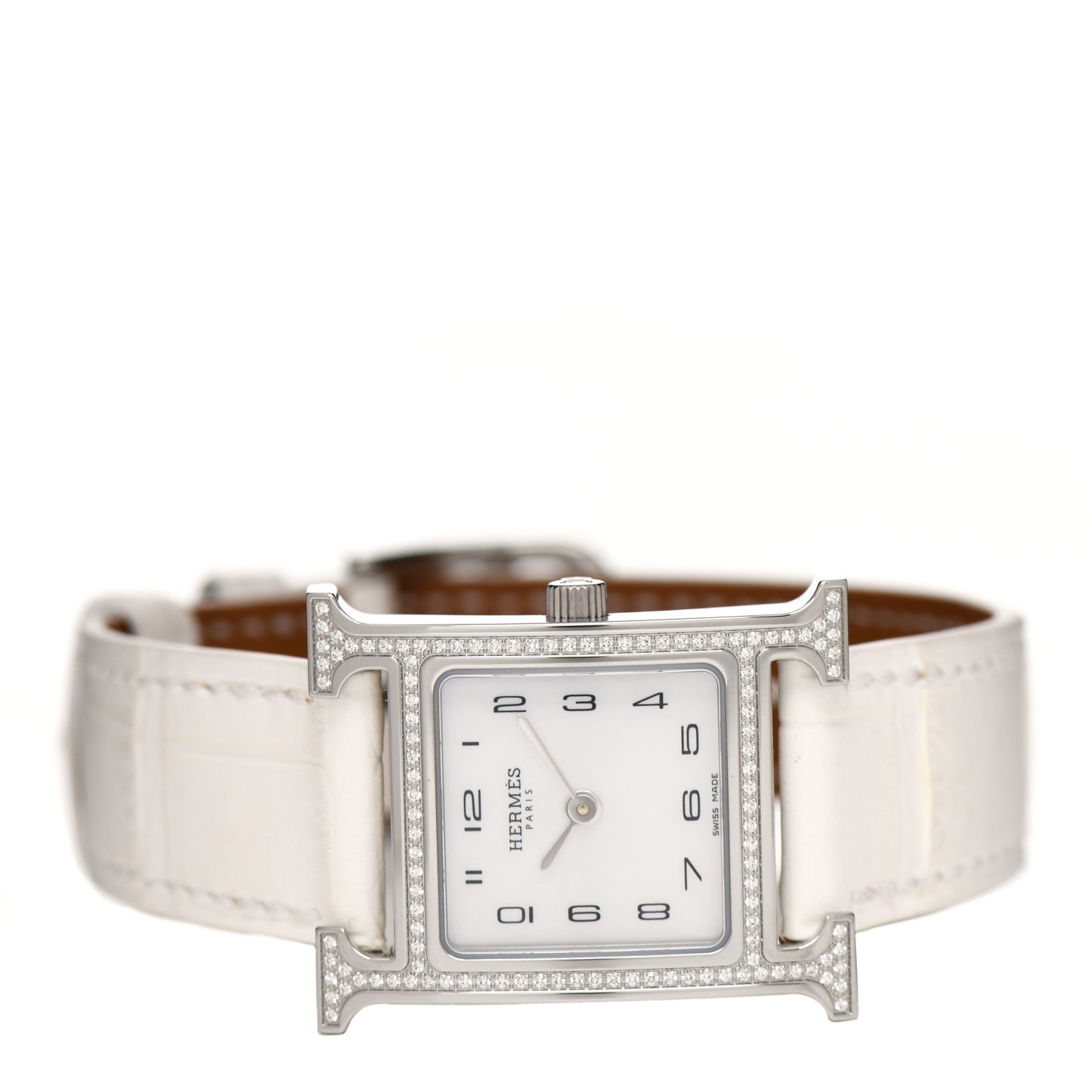 Stainless Steel Alligator Diamond Bezel Mother of Pearl 21mm Heure H Hour Quartz Watch Blanc
