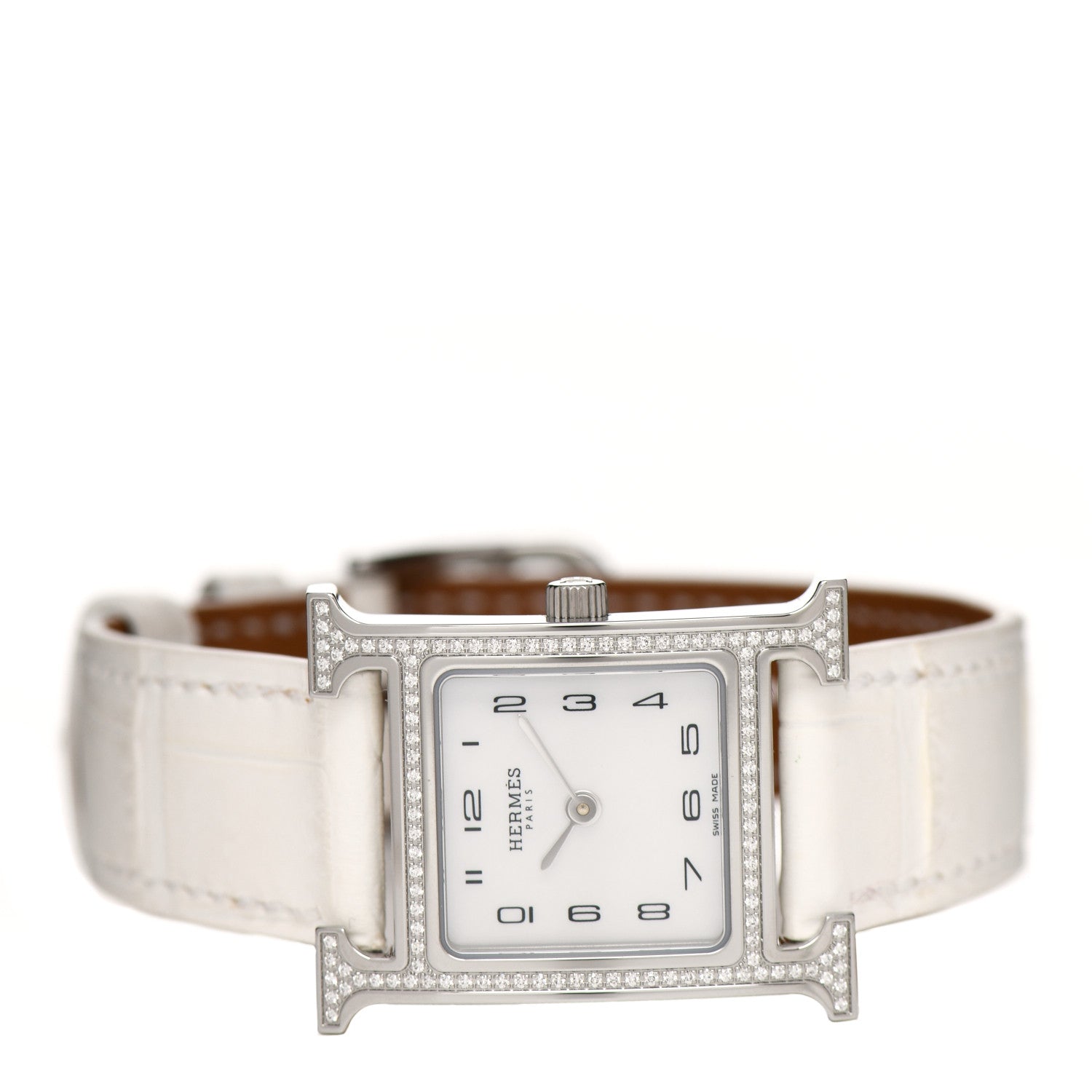 Hermes Stainless Steel Alligator Diamond Bezel Mother of Pearl 21mm Heure H Hour Quartz Watch Blanc 2 of 5