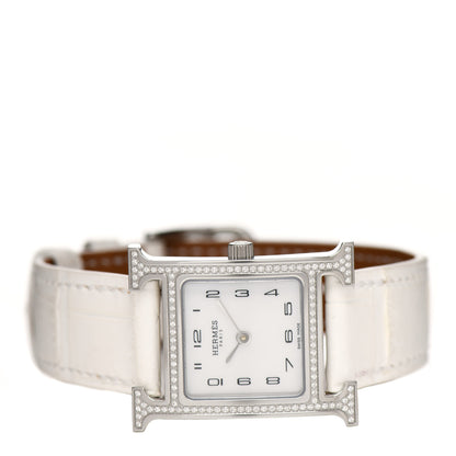 Hermes Stainless Steel Alligator Diamond Bezel Mother of Pearl 21mm Heure H Hour Quartz Watch Blanc 2 of 5