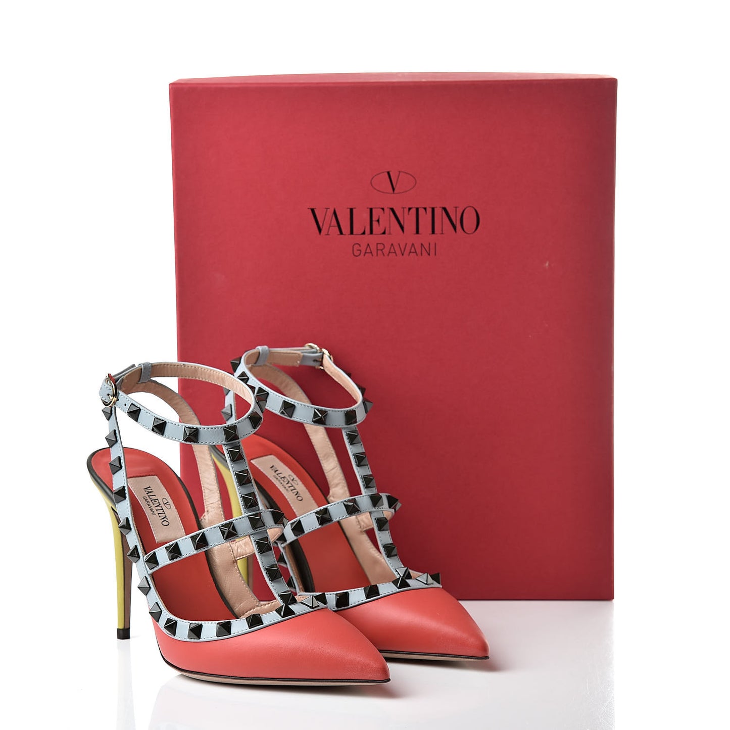 Nappa Rockstud Ankle Strap 100mm Pumps 36 Deep Coral Multicolor