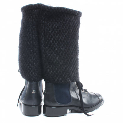 Chanel Tweed Leather Combat Boots 37 Navy 4 of 5