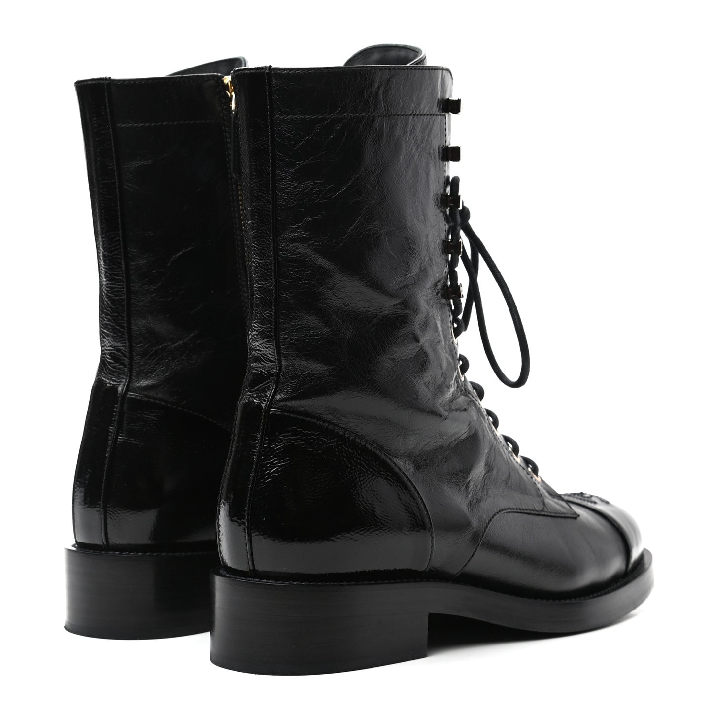 Crumpled Lambskin Shiny Calfskin Lace Up Combat Boots 40 Black
