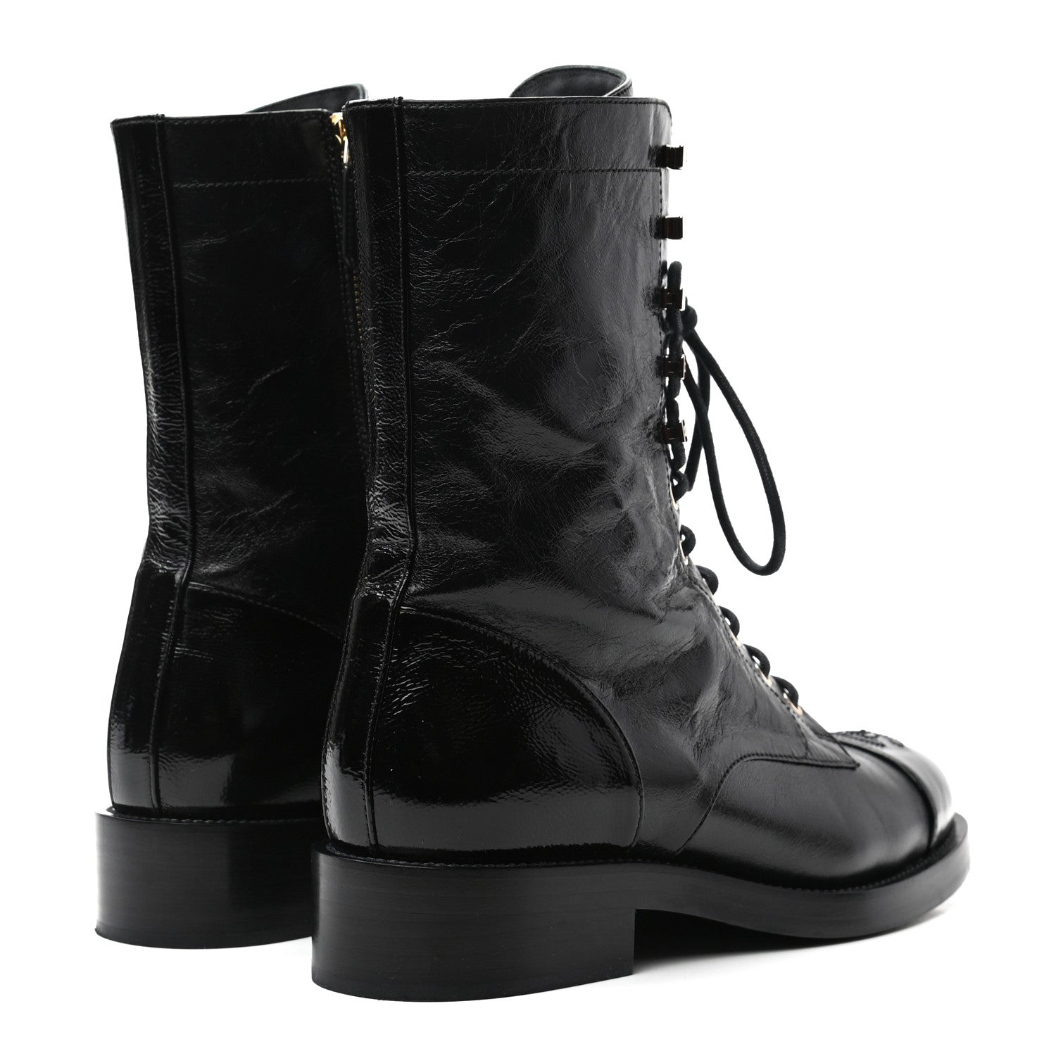 Chanel Crumpled Lambskin Shiny Calfskin Lace Up Combat Boots 40 Black 4 of 8